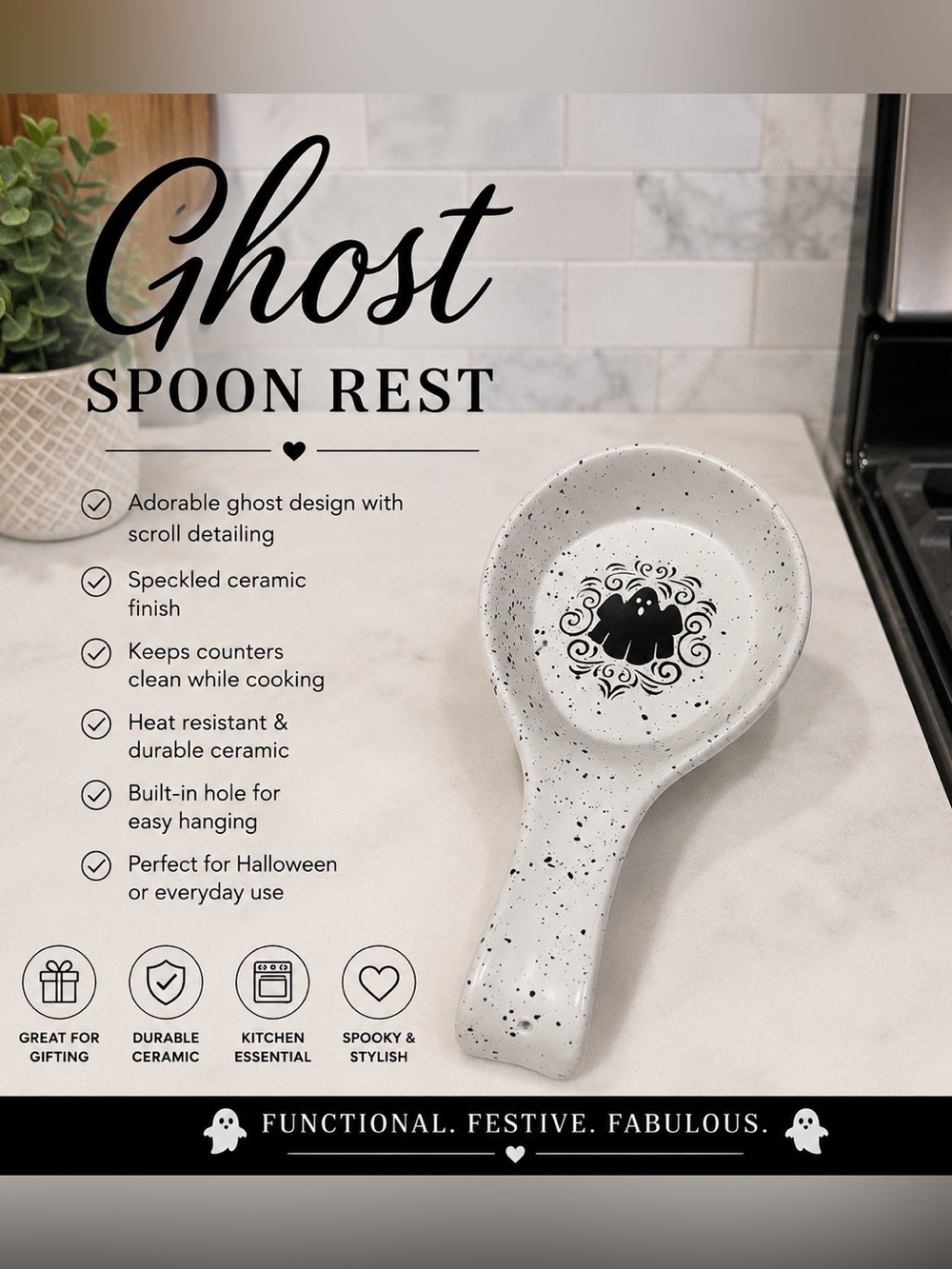 Ghost Speckled Ceramic Spoon Rest - White